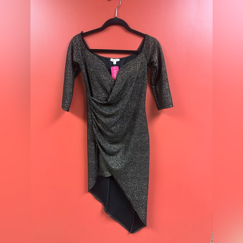 a'gaci Black and Gold Asymmetrical Dress